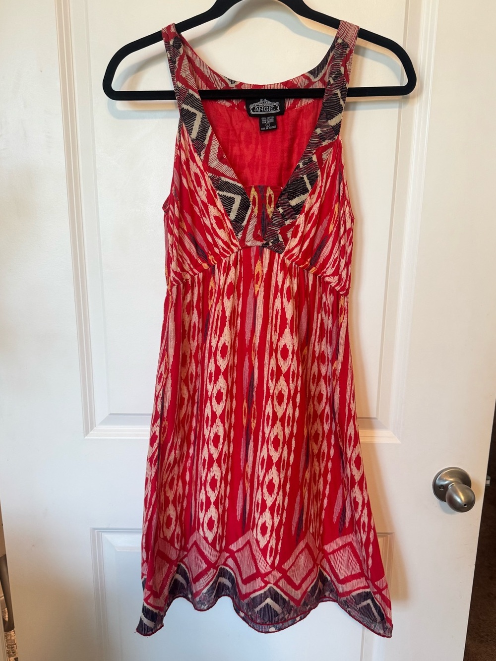 Angie Red Sleeveless Midi Dress with Ikat Pattern size large 100% cotton